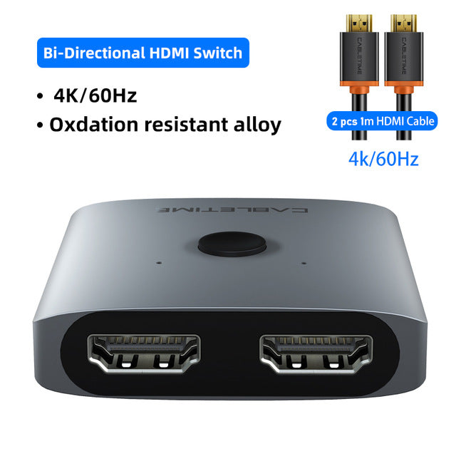 CABLETIME HDMI Splitter 4K 60Hz 1x2/2x1 Adapter HDMI Switcher 2 in 1 Converter